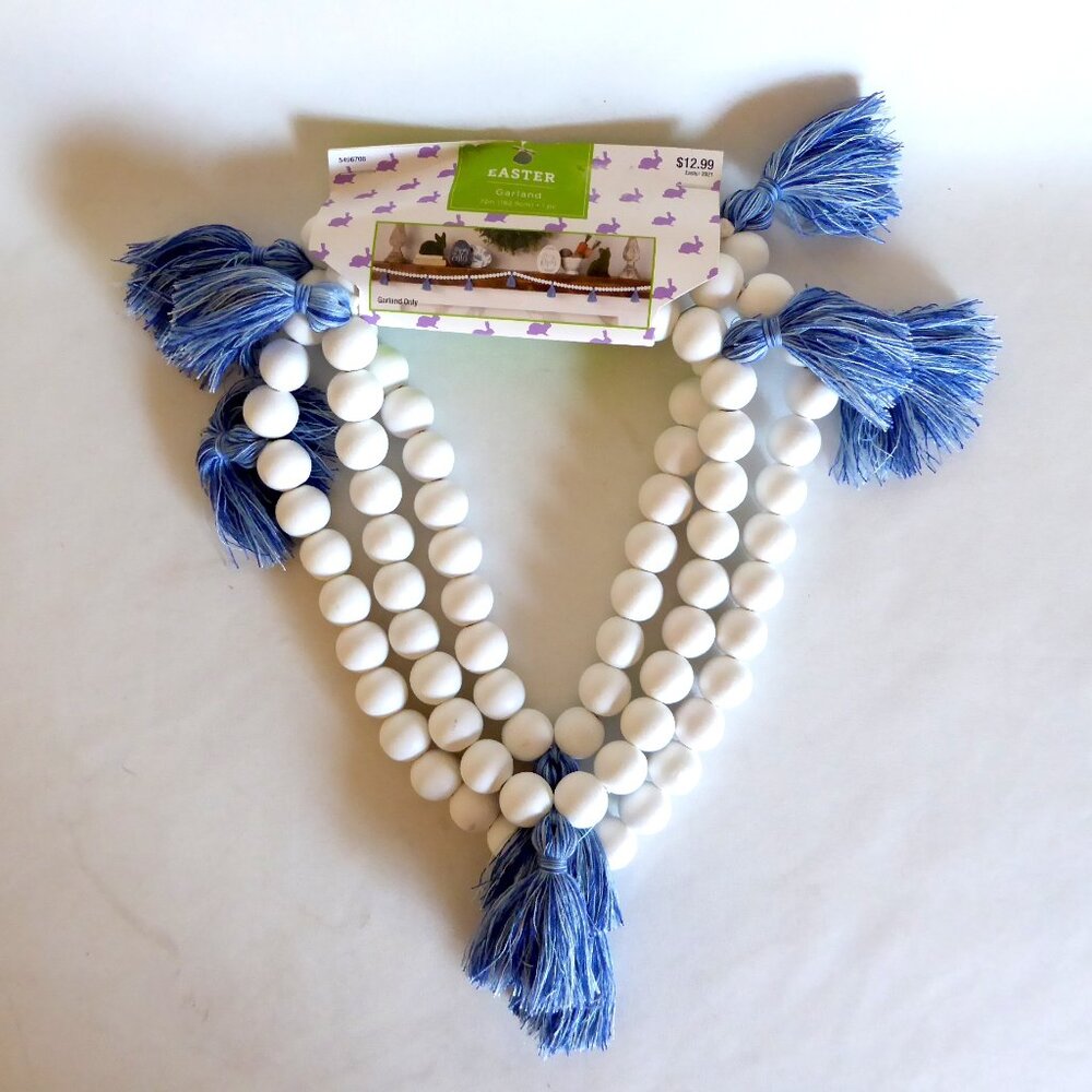 NEW 72” SPRING EASTER HOLIDAY GARLAND WOOD WHITE BEAD BLUE TASSEL